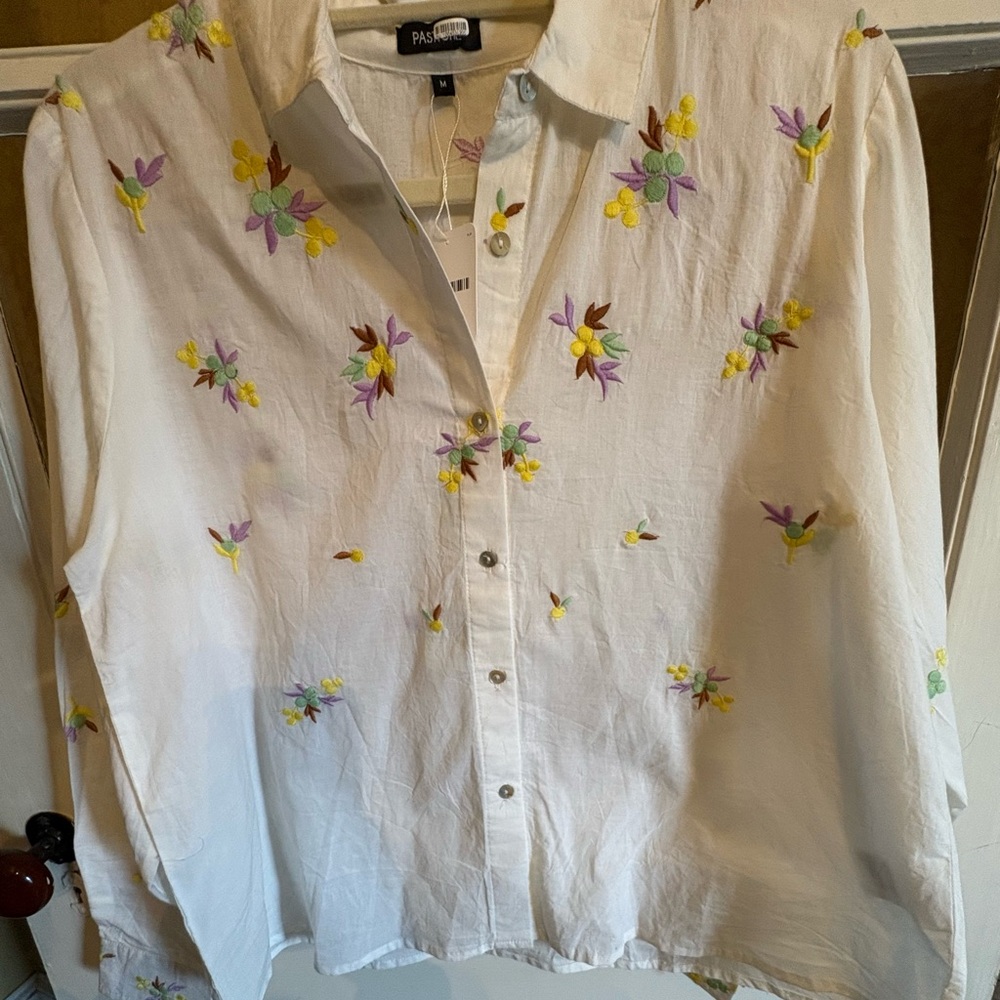Free People PASTICHE Floral Embroidered White Button-Up Shirt